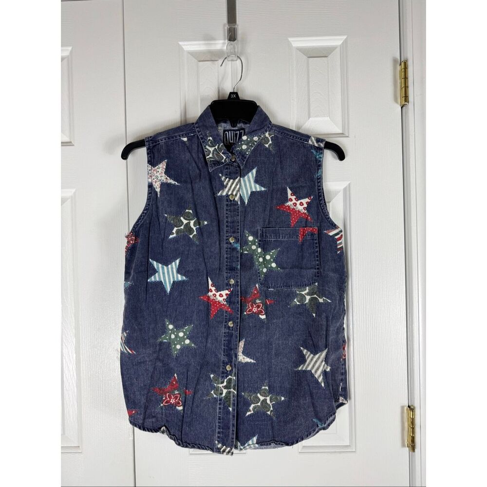 Quizz Womens Vintage Star Print Sleeveless Denim Shirt Size M